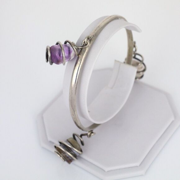 Vintage Sterling Silver 925 Purple Amethyst Agate Dangle Crystal Bangle 8.5" - Picture 5 of 12